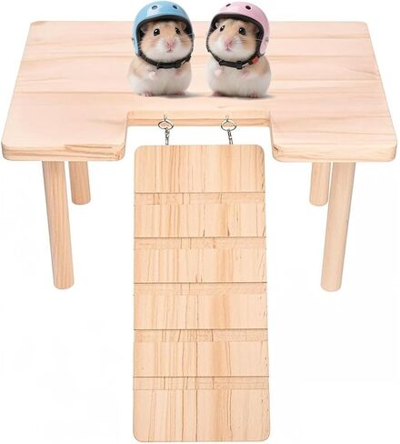 (2-Piece Set) Hamster Game Wooden Platform Tunnel Hidden Area Ladder Platform Wooden Bracket with Column, Hamster Squirrel Totoro Toy Cage Accessories in Kuwait