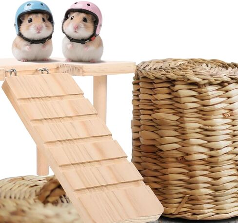 (2-Piece Set) Hamster Game Wooden Platform Tunnel Hidden Area Ladder Platform Wooden Bracket with Column, Hamster Squirrel Totoro Toy Cage Accessories in Kuwait