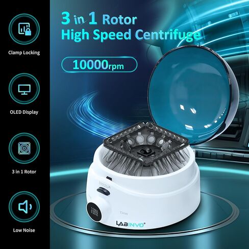 Mini Centrifuge Machine, 10000RPM, OLED Display High Speed Lab Benchtop Centrifuges, 3-in1 Rotor for 0.5/1.5/2mL Tubes, and 4×PCR8 Strips, 0.2mL×44 PCR Tubes, IN-CEN001 in Kuwait