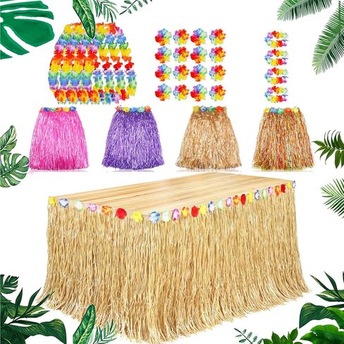 Luau Grass Table Skirt Natural 9 Feet x 29.5 Inch Hawaiian Table Skirt, 6pc Tropical Green Leaves, 6pcs Hawaiian Leis for Luau Party for Tropical Hawaiian Party Decorations Luau Party Costume Party in Kuwait