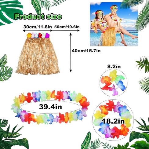 Luau Grass Table Skirt Natural 9 Feet x 29.5 Inch Hawaiian Table Skirt, 6pc Tropical Green Leaves, 6pcs Hawaiian Leis for Luau Party for Tropical Hawaiian Party Decorations Luau Party Costume Party in Kuwait