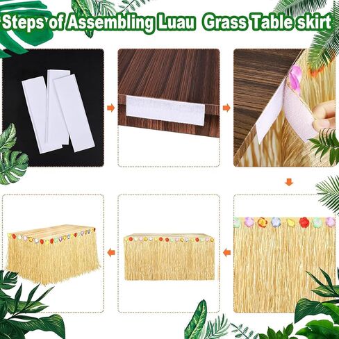 Luau Grass Table Skirt Natural 9 Feet x 29.5 Inch Hawaiian Table Skirt, 6pc Tropical Green Leaves, 6pcs Hawaiian Leis for Luau Party for Tropical Hawaiian Party Decorations Luau Party Costume Party in Kuwait