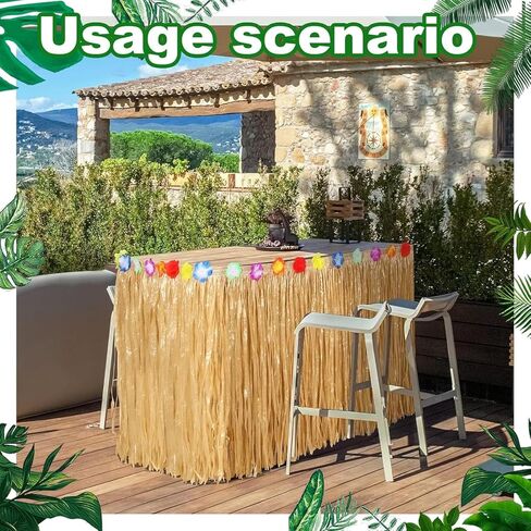 Luau Grass Table Skirt Natural 9 Feet x 29.5 Inch Hawaiian Table Skirt, 6pc Tropical Green Leaves, 6pcs Hawaiian Leis for Luau Party for Tropical Hawaiian Party Decorations Luau Party Costume Party in Kuwait