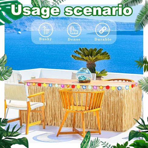 Luau Grass Table Skirt Natural 9 Feet x 29.5 Inch Hawaiian Table Skirt, 6pc Tropical Green Leaves, 6pcs Hawaiian Leis for Luau Party for Tropical Hawaiian Party Decorations Luau Party Costume Party in Kuwait
