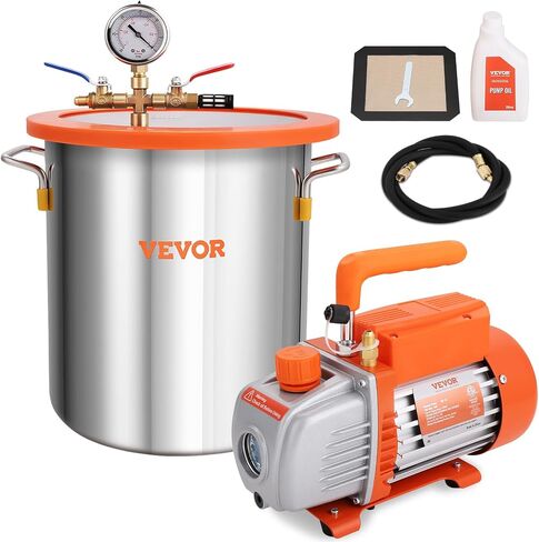 VEVOR 5 Gallon Vacuum Chamber Kit, 40 Micron Vacuum Chamber, 3.5 CFM Single Stage Vacuum Pump Set, with Tempered Glass Lid, Pure Copper Motor, Check Valve, for Wood Stabilization, Resin Degassing, DIY in Kuwait