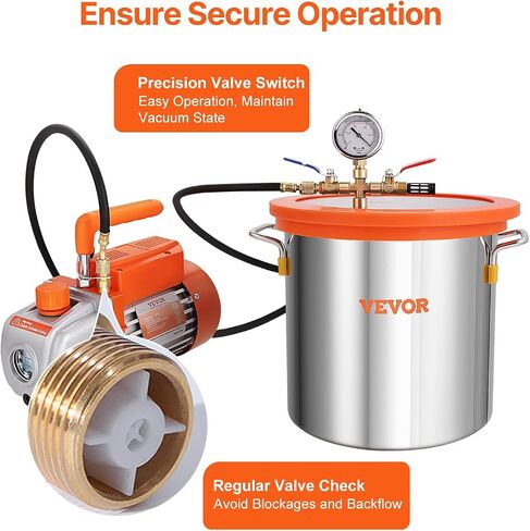 VEVOR 5 Gallon Vacuum Chamber Kit, 40 Micron Vacuum Chamber, 3.5 CFM Single Stage Vacuum Pump Set, with Tempered Glass Lid, Pure Copper Motor, Check Valve, for Wood Stabilization, Resin Degassing, DIY in Kuwait