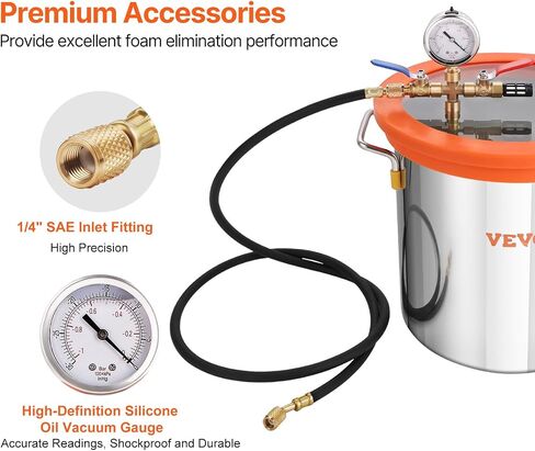 VEVOR 5 Gallon Vacuum Chamber Kit, 40 Micron Vacuum Chamber, 3.5 CFM Single Stage Vacuum Pump Set, with Tempered Glass Lid, Pure Copper Motor, Check Valve, for Wood Stabilization, Resin Degassing, DIY in Kuwait