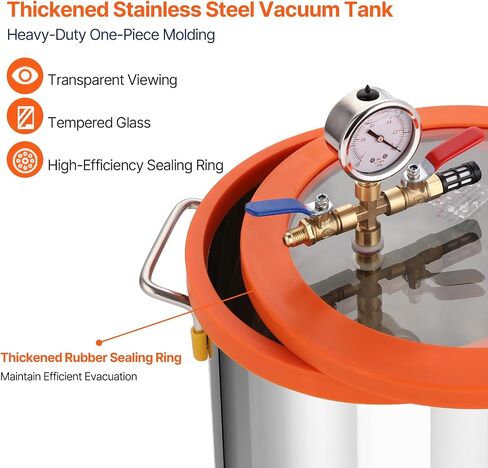 VEVOR 5 Gallon Vacuum Chamber Kit, 40 Micron Vacuum Chamber, 3.5 CFM Single Stage Vacuum Pump Set, with Tempered Glass Lid, Pure Copper Motor, Check Valve, for Wood Stabilization, Resin Degassing, DIY in Kuwait