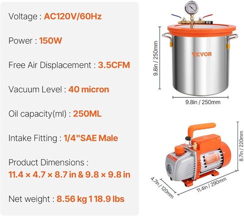 VEVOR 5 Gallon Vacuum Chamber Kit, 40 Micron Vacuum Chamber, 3.5 CFM Single Stage Vacuum Pump Set, with Tempered Glass Lid, Pure Copper Motor, Check Valve, for Wood Stabilization, Resin Degassing, DIY in Kuwait