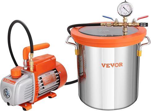 VEVOR 5 Gallon Vacuum Chamber Kit, 40 Micron Vacuum Chamber, 3.5 CFM Single Stage Vacuum Pump Set, with Tempered Glass Lid, Pure Copper Motor, Check Valve, for Wood Stabilization, Resin Degassing, DIY in Kuwait