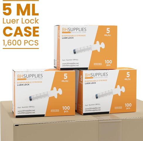 BH Supplies 5 مل محاقن قفل Luer (لا إبرة) - معقمة ، ملفوفة بشكل فردي - 100 محاقن in Kuwait