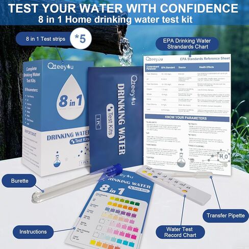 طقم اختبار المياه الرصاص 2025 تم ترقيته 8 في 1 مجموعات اختبار مياه الشرب المنزلية 5pcs حقيبة مستقلة ، وتصنيع منزل واختبار صلابة مياه ، وشرائط اختبار الرصاص للقلوية ، والدرجة الحموضة ، والنحاس ، والنتريت والكلورن in Kuwait