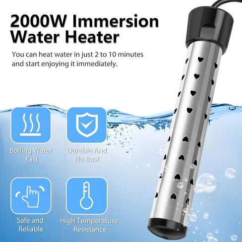 2000W Immersion Water Heater, Portable Electric Water Heater with 304 Stainless Steel, Fast Heating Bucket Heater with Built-in Thermometer, Ideal for Home, Camping, and Outdoor Use in Saudi Arabia