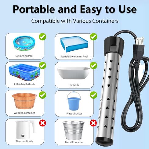 2000W Immersion Water Heater, Portable Electric Water Heater with 304 Stainless Steel, Fast Heating Bucket Heater with Built-in Thermometer, Ideal for Home, Camping, and Outdoor Use in Saudi Arabia