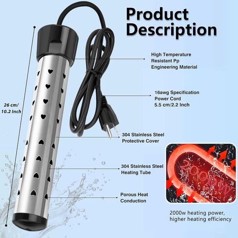 2000W Immersion Water Heater, Portable Electric Water Heater with 304 Stainless Steel, Fast Heating Bucket Heater with Built-in Thermometer, Ideal for Home, Camping, and Outdoor Use in Saudi Arabia