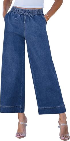 luvamia Wide Leg Jeans for Women High Waisted Cropped Pull On Jeans Elastic Wasit Drawstring Stretch Denim Trouser Pants in Saudi Arabia