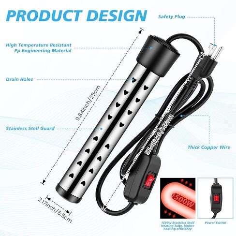 4 Pack Immersion Water Heaters 1500w Portable Electric Heater Stainless Steel Heater Bucket Water Heater Bathtub Heater with Protective Cover, Great for Home, Camping and Outdoor Use in Kuwait