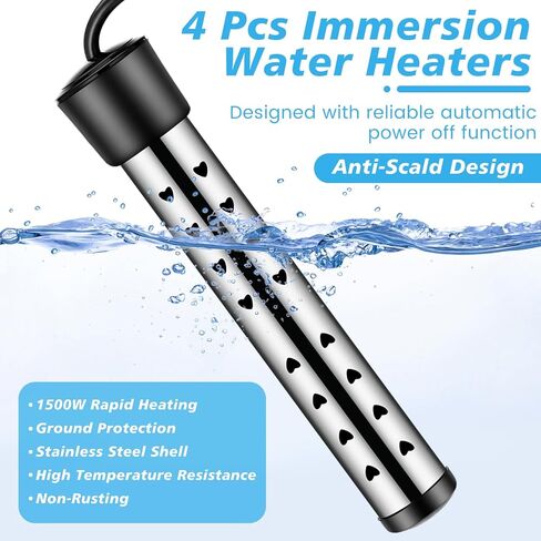 4 Pack Immersion Water Heaters 1500w Portable Electric Heater Stainless Steel Heater Bucket Water Heater Bathtub Heater with Protective Cover, Great for Home, Camping and Outdoor Use in Kuwait
