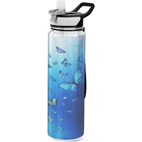 Water Bottle with Straw Cartoon Bows Sports Bottles Blue Ribbon BPA-Free Tritan Water Jug with Carrying Strap for Women Men Gym in Kuwait
