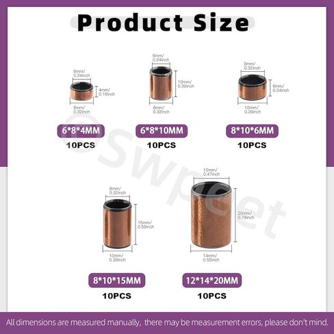 SWPEET 50CS 5 حجم 6 مم (تجويف) × 8 مم (OD) ، 8 مم (تجويف) × 10 مم (OD) ، 12 مم (تجويف) × 14 مم (OD) طقم تشويه الأكمام ، محامل واضحة المغلفة ، البطانات المليئة بالبرونز ، محامل الأكمام البرونزية. in Saudi Arabia