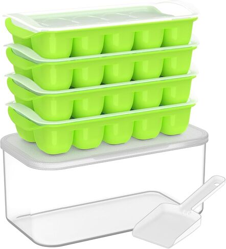 DOQAUS Ice Cube Tray with Lid and Bin, 4 Pack Easy Pop Out Silicone Ices Cubes Trays for Freezer with Cover, Stackable Compact Ice Bucket Kits, for Soup, Food, Cocktail, Coffee in Saudi Arabia
