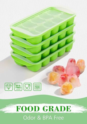 DOQAUS Ice Cube Tray with Lid and Bin, 4 Pack Easy Pop Out Silicone Ices Cubes Trays for Freezer with Cover, Stackable Compact Ice Bucket Kits, for Soup, Food, Cocktail, Coffee in Saudi Arabia