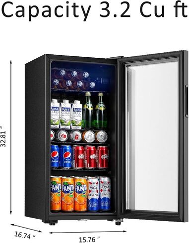 Beverage Refrigerator, 3.2 Cu.ft Mini Fridge with Double Glass Door, Cooler for Soda, Beer or Wine for Home, Office or Bar with Adjustable Removable Shelves (Black) in Kuwait