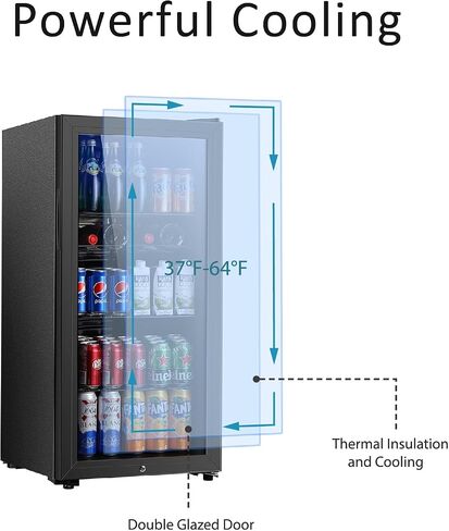 Beverage Refrigerator, 3.2 Cu.ft Mini Fridge with Double Glass Door, Cooler for Soda, Beer or Wine for Home, Office or Bar with Adjustable Removable Shelves (Black) in Kuwait