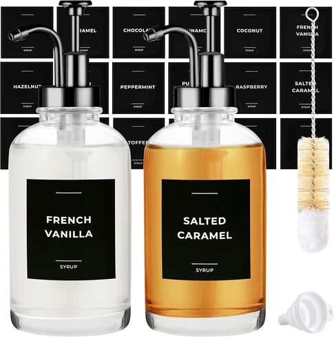 Coffee Syrup Dispenser with Pump - Includes 24 Flavor Labels - Glass Syrup Dispenser for Coffee Bar - Elevate your Beverage Station with 16.9 fl oz Flavoring Container Bottles, 2pcs, Gold in Saudi Arabia