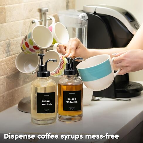 Coffee Syrup Dispenser with Pump - Includes 24 Flavor Labels - Glass Syrup Dispenser for Coffee Bar - Elevate your Beverage Station with 16.9 fl oz Flavoring Container Bottles, 2pcs, Gold in Saudi Arabia