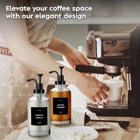 Coffee Syrup Dispenser with Pump - Includes 24 Flavor Labels - Glass Syrup Dispenser for Coffee Bar - Elevate your Beverage Station with 16.9 fl oz Flavoring Container Bottles, 2pcs, Gold in Saudi Arabia
