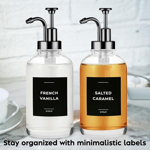 Coffee Syrup Dispenser with Pump - Includes 24 Flavor Labels - Glass Syrup Dispenser for Coffee Bar - Elevate your Beverage Station with 16.9 fl oz Flavoring Container Bottles, 2pcs, Gold in Saudi Arabia