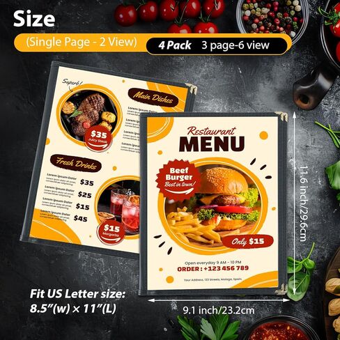 3 Pack Menu Covers 8.5" x 11" Menu Holder, Double Stitched Menu Covers, Restaurant Menu Cover, Single Page Menu Cover Two Clear Viewing Surfaces (Folding Style) in Kuwait