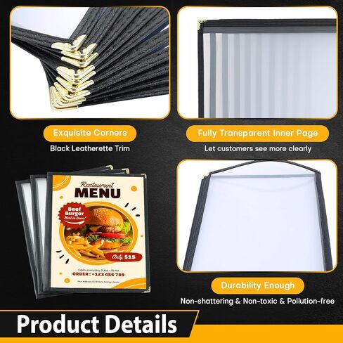 3 Pack Menu Covers 8.5" x 11" Menu Holder, Double Stitched Menu Covers, Restaurant Menu Cover, Single Page Menu Cover Two Clear Viewing Surfaces (Folding Style) in Kuwait