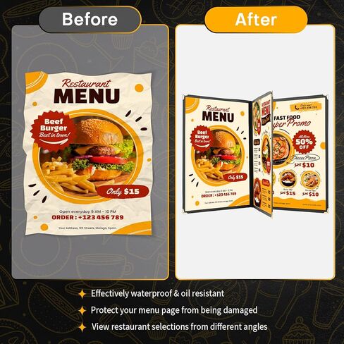3 Pack Menu Covers 8.5" x 11" Menu Holder, Double Stitched Menu Covers, Restaurant Menu Cover, Single Page Menu Cover Two Clear Viewing Surfaces (Folding Style) in Kuwait