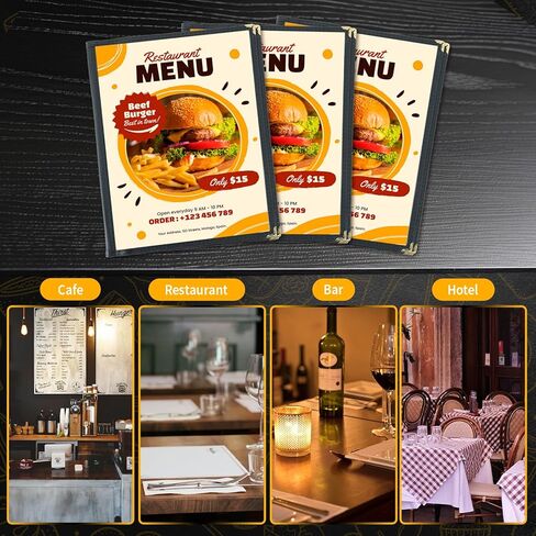 3 Pack Menu Covers 8.5" x 11" Menu Holder, Double Stitched Menu Covers, Restaurant Menu Cover, Single Page Menu Cover Two Clear Viewing Surfaces (Folding Style) in Kuwait