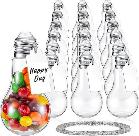 48 Pieces 100 ML Plastic Light Bulb Jars with Card and String, Light Bulb Candy Containers Clear Candy Jars Fillable Lightbulb Ornaments for Christmas Crafts Party Favors(Gold) in Kuwait