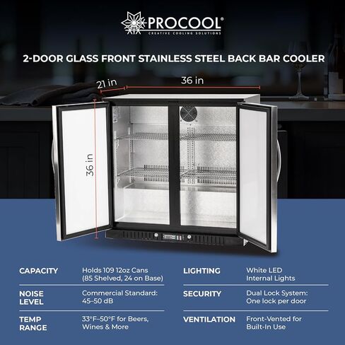 Procool 2-Door Counter Height Beverage Refrigerator - 36" Wide Energy Efficient Stainless Steel Bar Fridge With Glass Doors & LED Lighting - Commercial Back Bar Cooler in Saudi Arabia