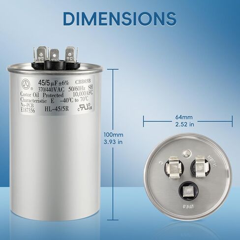 مكثف AC 45+5 UF 45/5 MFD ± 6 ٪ 370V/440VAC CBB65 مكثف بدء تشغيل دائري مزدوج لمكيف المضخة الحرارية ， عشر سنوات من التغطية in Kuwait