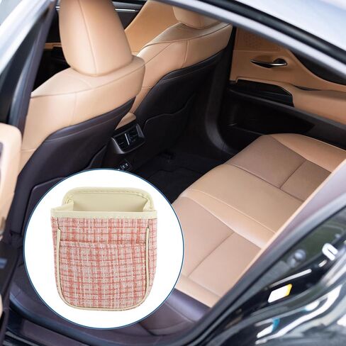 Car Trash Can Portable and Hanging 6.3" Length 3.9" Width 7.1" Height Trash Bin Fabric Beige White 1 Pcs in Kuwait