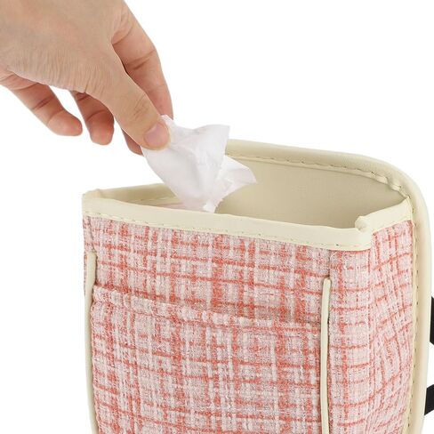 Car Trash Can Portable and Hanging 6.3" Length 3.9" Width 7.1" Height Trash Bin Fabric Beige White 1 Pcs in Kuwait
