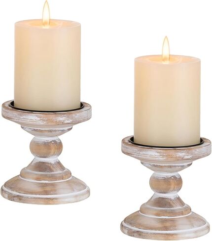 Wood Pillar Candle Holder: 2Pcs Rustic White Candle Holders for Pillar Candles Wood Candle Holders Distressed Wooden Farmhouse Candle Holder Large Rustic Candle Holder for Fireplace Table in Kuwait