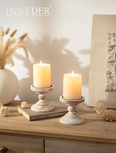 Wood Pillar Candle Holder: 2Pcs Rustic White Candle Holders for Pillar Candles Wood Candle Holders Distressed Wooden Farmhouse Candle Holder Large Rustic Candle Holder for Fireplace Table in Kuwait
