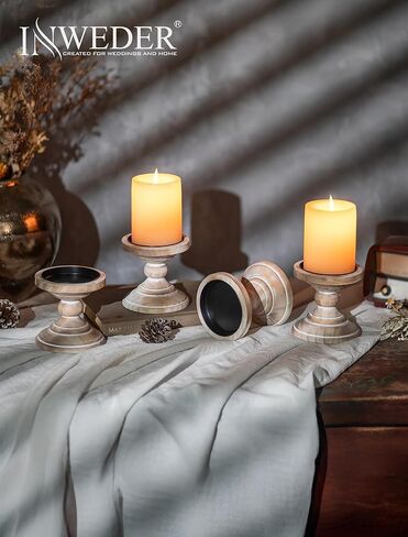 Wood Pillar Candle Holder: 2Pcs Rustic White Candle Holders for Pillar Candles Wood Candle Holders Distressed Wooden Farmhouse Candle Holder Large Rustic Candle Holder for Fireplace Table in Kuwait