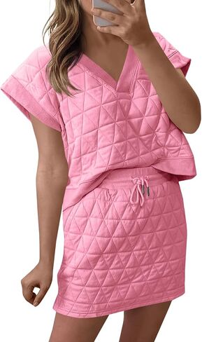 Fisoew Womens Argyle 2 Piece Outfits Skirt Sets Short Sleeve V Neck Tops and Casual Mini Skirts Lounge Sets in Saudi Arabia