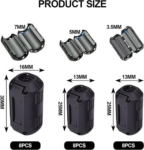 24 PCS Ferrite Ring Core EMI Love Clup-On Filter (3.5 مم/5 مم/7 مم) ، مخفض التداخل في USB والصوت والفيديو والشحن والبيانات ، يحسن جودة الإشارة in Kuwait