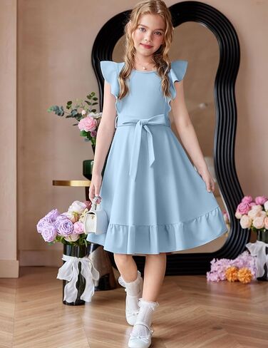 Arshiner Girls Spring Summer Dresses Flutter Sleeve A-line with Belted Pockets Casual Party Dress for Kids 6-16 Years in Kuwait
