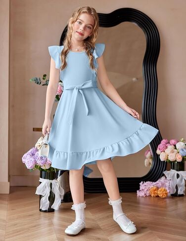 Arshiner Girls Spring Summer Dresses Flutter Sleeve A-line with Belted Pockets Casual Party Dress for Kids 6-16 Years in Kuwait