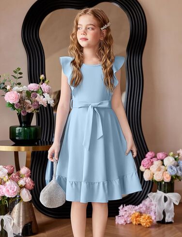 Arshiner Girls Spring Summer Dresses Flutter Sleeve A-line with Belted Pockets Casual Party Dress for Kids 6-16 Years in Kuwait