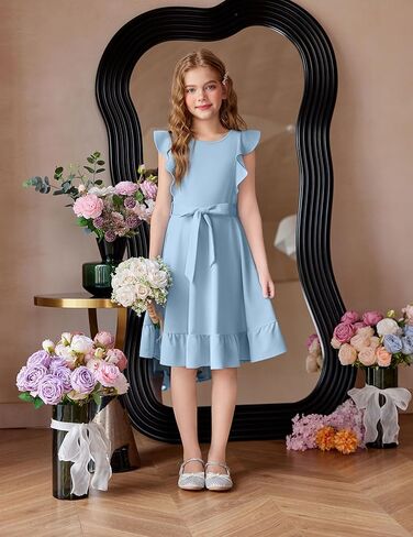 Arshiner Girls Spring Summer Dresses Flutter Sleeve A-line with Belted Pockets Casual Party Dress for Kids 6-16 Years in Kuwait